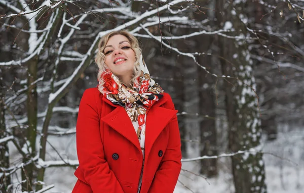 Senhora Cachecol Ético Casaco Vermelho Férias Inverno Mulher Livre Floresta — Fotografia de Stock