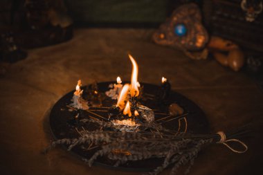 Illustration of concept remove negative energy away from you, home, another. Magic and rite, candle is burning