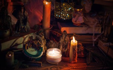 Illustration of concept remove negative energy away from you, home, another. Magic and rite, candle is burning