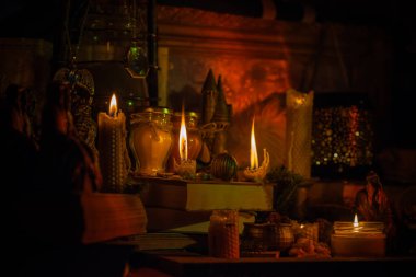 Illustration of concept remove negative energy away from you, home, another. Magic and rite, candle is burning