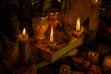 Illustration of concept remove negative energy away from you, home, another. Magic and rite, candle is burning