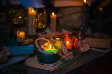 Illustration of concept remove negative energy away from you, home, another. Magic and rite, candle is burning