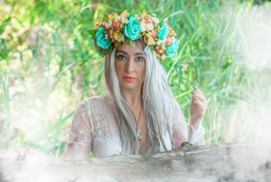 Slavic legends about mermaid, mystical illustration for folklore. Siren look 