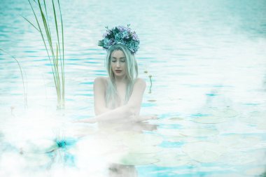 Slavic legends about mermaid, mystical illustration for folklore. Siren look 