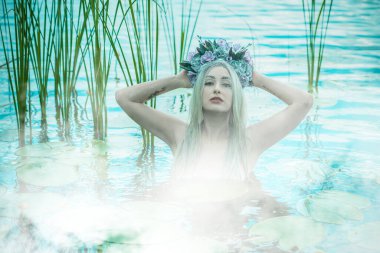 Slavic legends about mermaid, mystical illustration for folklore. Siren look 