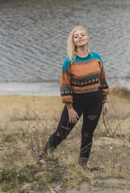 Casual collection of women's clothes. Plus size European blonde woman stylish dress. Concept of sizes, happy nice natural beautiful woman