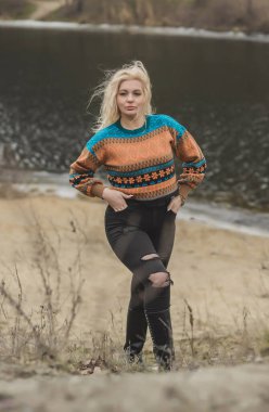 Casual collection of women's clothes. Plus size European blonde woman stylish dress. Concept of sizes, happy nice natural beautiful woman