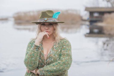 Casual Boho collection of women's clothes. Plus size European blonde woman stylish dress. Concept of sizes, happy nice natural beautiful woman