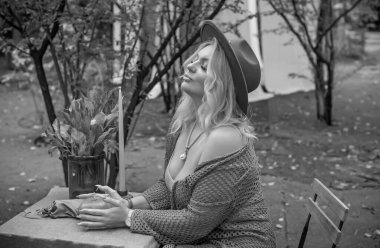 Casual Boho collection of women's clothes. Plus size European blonde woman stylish dress. Concept of sizes, happy nice natural beautiful woman