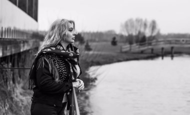 Casual grunge collection of women's clothes. Plus size European blonde woman stylish dress. Concept of sizes, happy nice natural beautiful woman