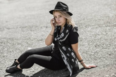 Grunge style, 90-80x trends clothes collection. Woman in black leather jacket. Fashion illustration for magazine