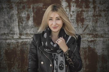 Grunge style, 90-80x trends clothes collection. Woman in black leather jacket. Fashion illustration for magazine