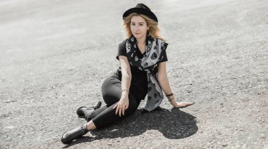 Grunge style, 90-80x trends clothes collection. Woman in black leather jacket. Fashion illustration for magazine