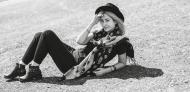 Grunge style, 90-80x trends clothes collection. Woman in black leather jacket. Fashion illustration for magazine