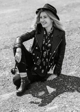 Grunge style, 90-80x trends clothes collection. Woman in black leather jacket. Fashion illustration for magazine