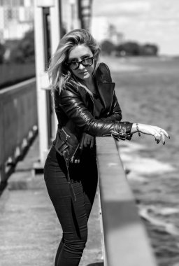 Grunge style, 90-80x trends clothes collection. Woman in black leather jacket. Fashion illustration for magazine