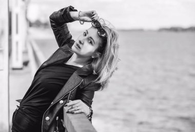 Grunge style, 90-80x trends clothes collection. Woman in black leather jacket. Fashion illustration for magazine