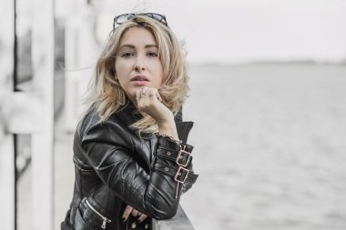 Grunge style, 90-80x trends clothes collection. Woman in black leather jacket. Fashion illustration for magazine