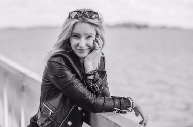 Grunge style, 90-80x trends clothes collection. Woman in black leather jacket. Fashion illustration for magazine