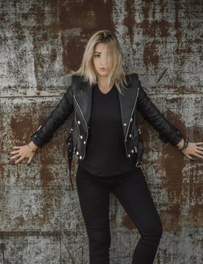 Grunge style, 90-80x trends clothes collection. Woman in black leather jacket. Fashion illustration for magazine