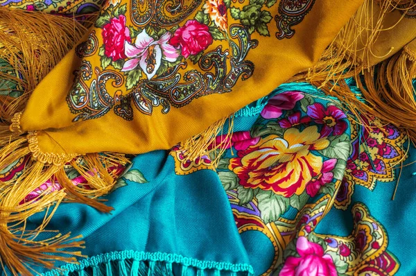 Colorful Boho flowers fabric. Fashionable collection of accessories for women. Detail of wardrobe