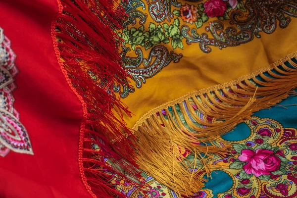 Colorful Boho flowers fabric. Fashionable collection of accessories for women. Detail of wardrobe