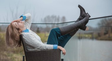 Casuals style for ladies, woman in white sweater, shirt, unisex polo style, new classical collection of clothes