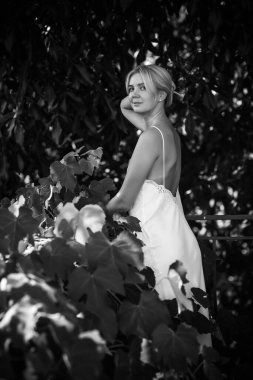 Kadınsı genç bayanın şefkatli çizimi. Beyaz ipek elbiseli romantik fotoğrafçı kadın. Kadınlar için prosedür