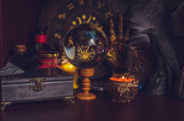 Concept of divination, predictions, crystal magic ball, paganism, wicca style