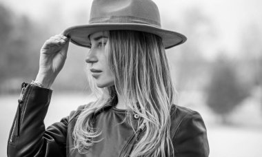 Face of modern confident independence stylish lady in new world. Feminist or Feminity, new people