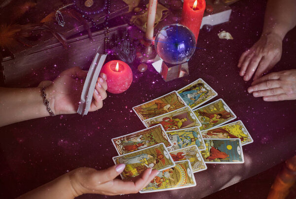 Concept of divination predictions on tarot cards and oracle. Europe, Ukraine. Kiev March 17: Illustrative Editorial.