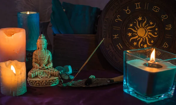 Candles Burns Altar Esoteric Illustration Clean Negative Energy Astrology Scene — Stock Photo, Image