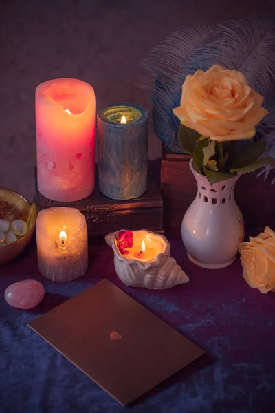 Energy healing, reiki session or chakra rituals with candles, spiritual practice. Wicca magic, new world, alternative medicine of future