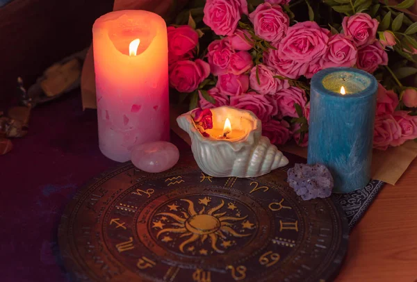 Energy healing, reiki session or chakra rituals with candles, spiritual practice. Wicca magic, new world, alternative medicine of future