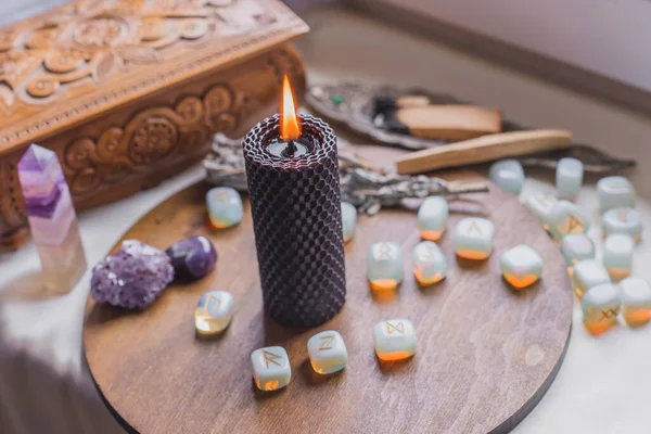 Energy healing, reiki session or chakra rite with candles, wicca magic, new world, alternative medicine
