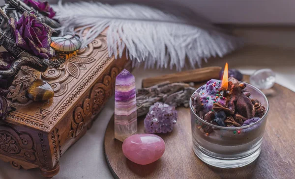 Energie Heling Reiki Sessie Chakra Rite Met Kaarsen Wicca Magie — Stockfoto