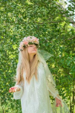 Eski Avrupa büyüsü, Mistik Pagan sahnesi, tarladaki kadın, ayin. Sihirli kehanet, Undina. Efsaneler, yaratıklar ve peri masalları için resimli fotoğraf. Nemfomanla mistik sahne