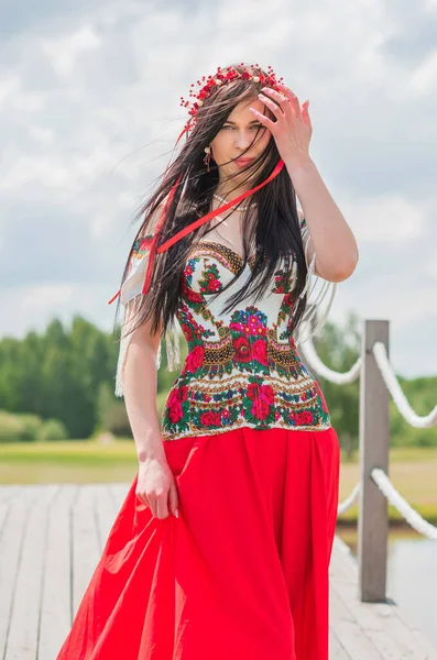 Mulher Moda Ucraniana Bordado Vestido Tradicional Conceito Corajosa Ucrânia Povo — Fotografia de Stock