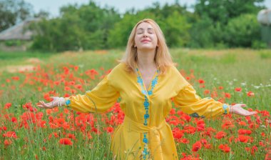 Mavi elbiseli, sarı elbiseli kız nakışlı Boho elbisesi. Haşhaş tarlasında şık sarışın kadın.