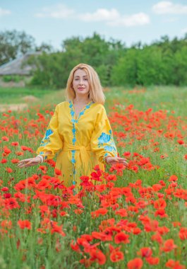 Mavi elbiseli, sarı elbiseli kız nakışlı Boho elbisesi. Haşhaş tarlasında şık sarışın kadın.