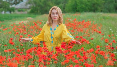 Mavi elbiseli, sarı elbiseli kız nakışlı Boho elbisesi. Haşhaş tarlasında şık sarışın kadın.