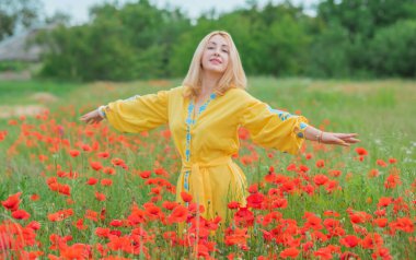 Mavi elbiseli, sarı elbiseli kız nakışlı Boho elbisesi. Haşhaş tarlasında şık sarışın kadın.