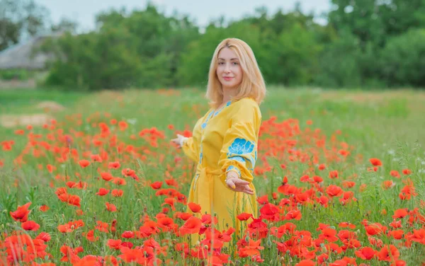 Mädchen Gelb Mit Blauen Elementen Bestickt Boho Kleid Modische Blonde — Stockfoto