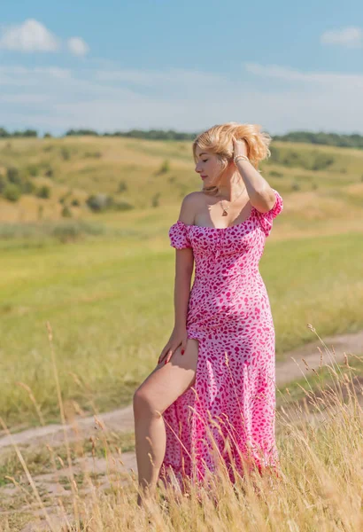 浪漫的女人 自然的女人美 自然的女士 穿着粉红衣服的漂亮的欧洲女士 — 图库照片