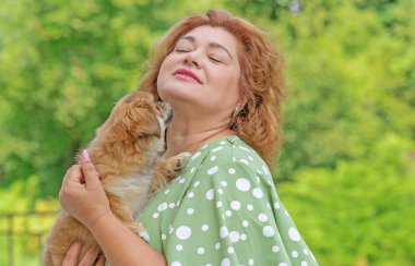 Açık kahverengi köpekli bir kadın. İnsan en iyi dostu kavramı