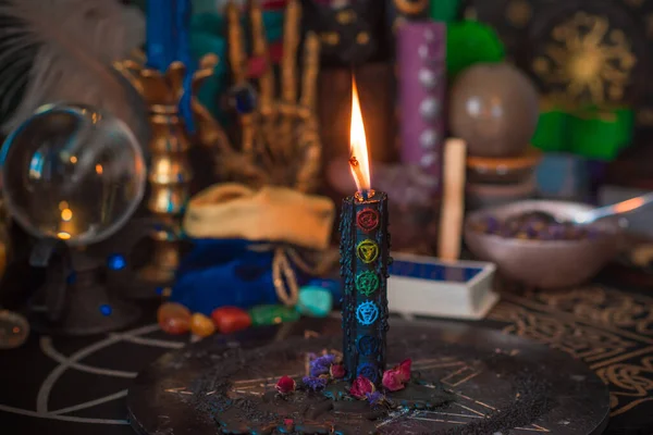 Candle Burns Altar Magic Candles Clean Negative Energy Wicca Concept — Stock Photo, Image