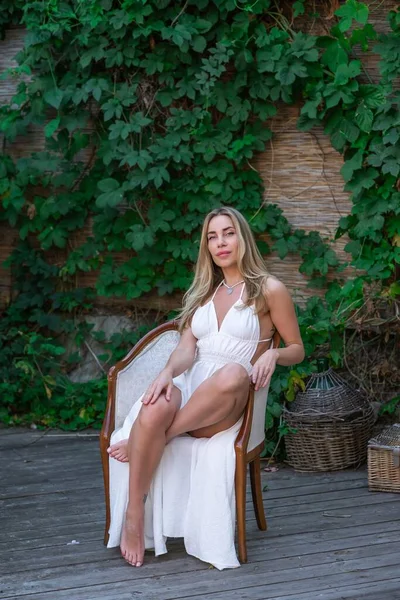 stock image Woman in Greece dress, fashionable Bohemian chic. Beautiful blonde natural lady