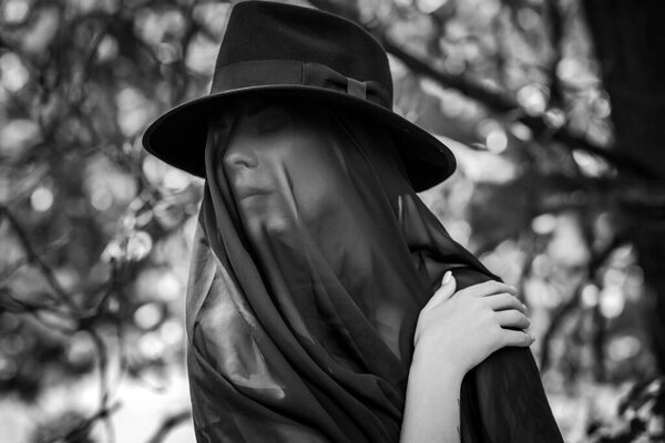 Woman in black, grief dark mood, melancholy and depression concept, lady cover black cloth