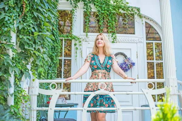 Nice European Young Woman Flower Dress Standing Terrace Pretty Romantic — Stock Photo, Image