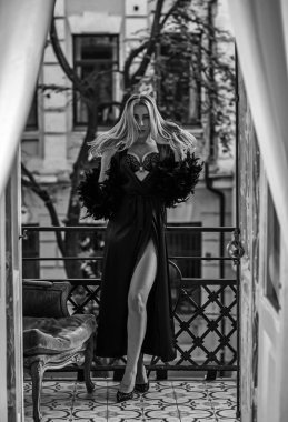 Peignoir giymiş bir kadın ve bir kadeh şarap. Tüylü siyah ipek bornozlu Avrupalı sarışın kadının şehvetli fotoğrafı. Moda konsepti